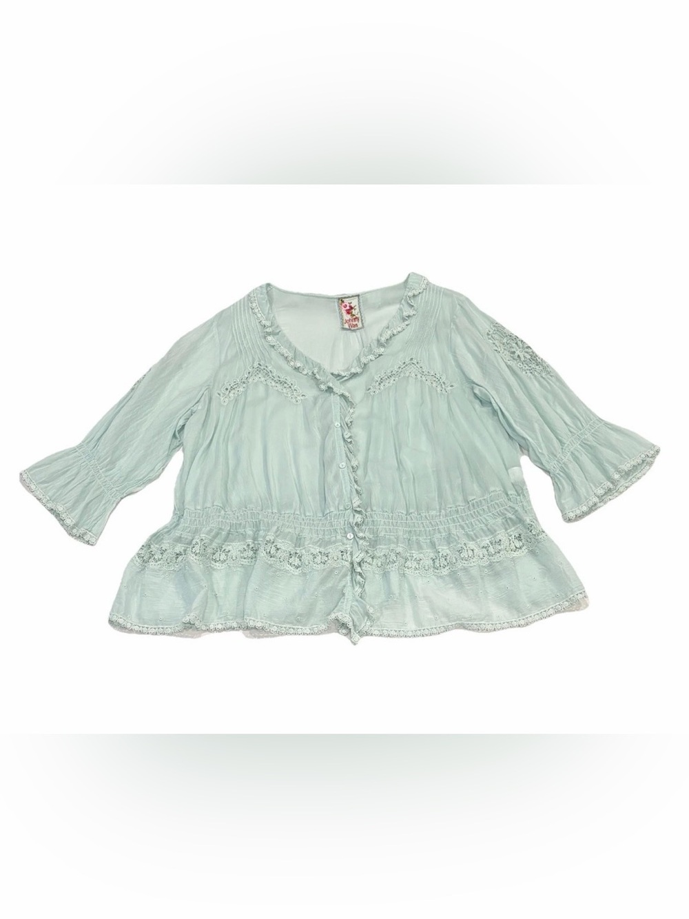 Johnny Was Georgette Lace Cardigan Blouse Size 2X Seafoam / Mint Feminine Boho